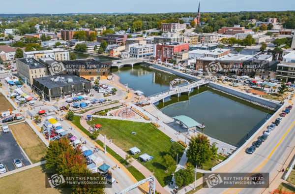 Town Square Pulse – Aerial View of Janesville’s Riverfront Pavilion