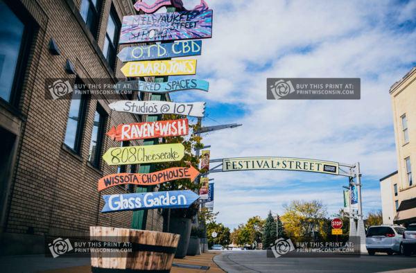 Business directional signs on Milwaukee st Janesville